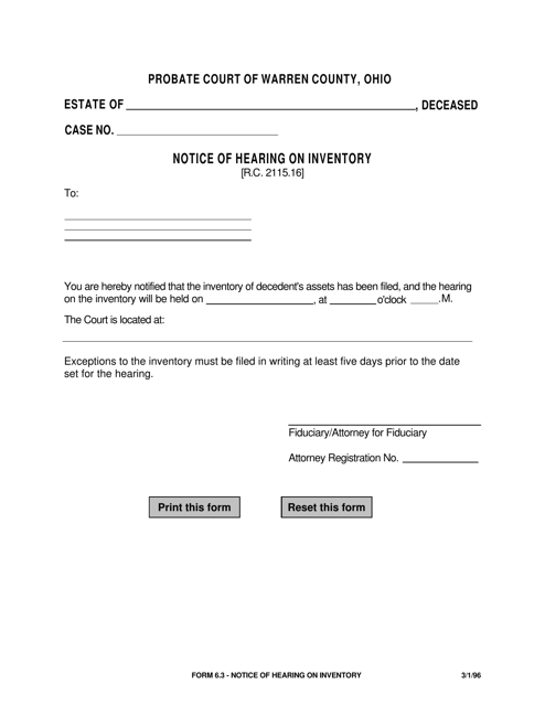 Form 6.3 Notice of Hearing on Inventory - Warren County, Ohio
