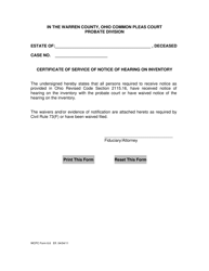 Document preview: WCPC Form 6.6 Certificate of Service of Notice of Hearing on Inventory - Warren County, Ohio