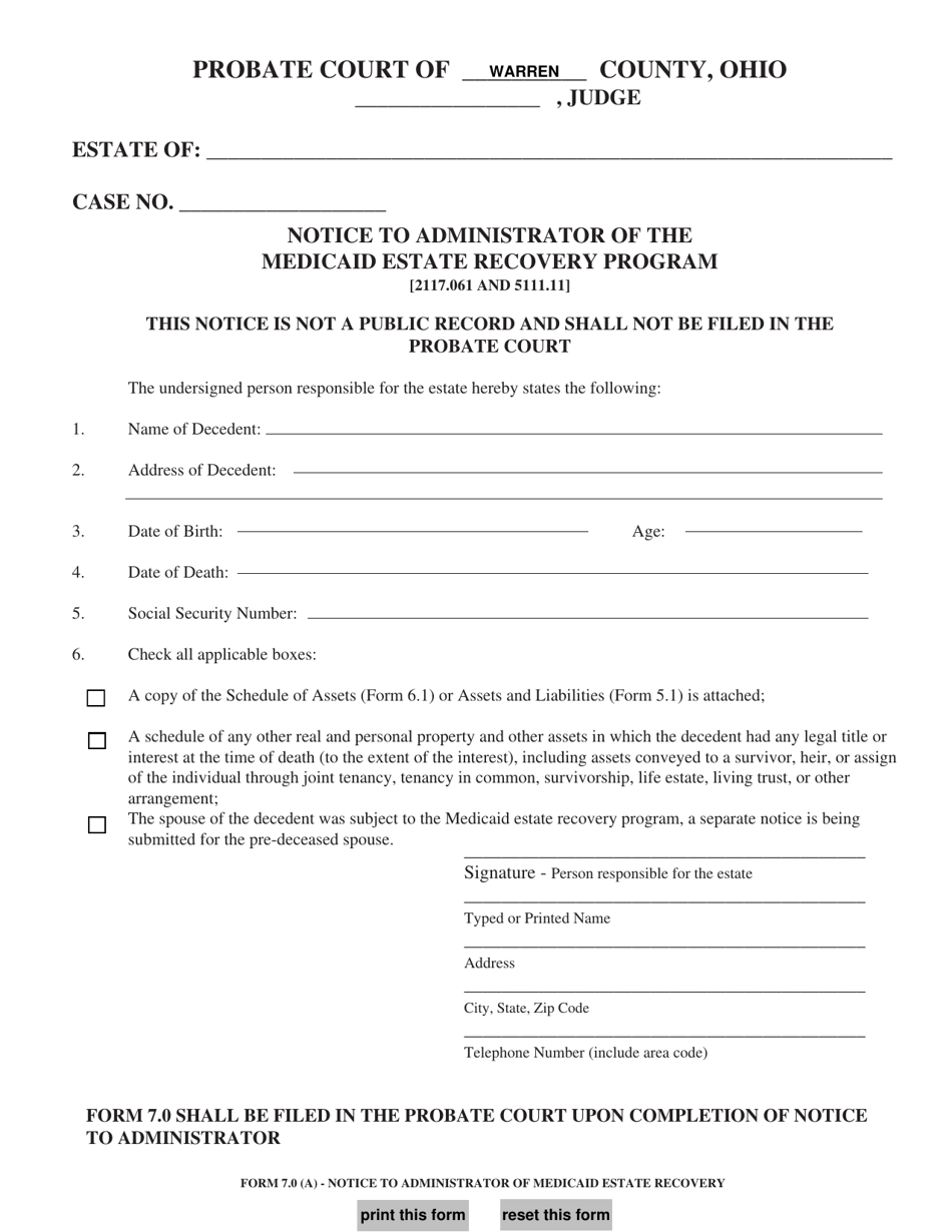 Form 7.0 (A) Notice to Administrator of the Medicaid Estate Recovery Program - Warren County, Ohio, Page 1