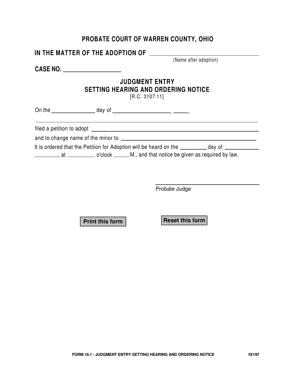 Form 18.1 Judgment Entry Setting Hearing and Ordering Notice - Warren County, Ohio, Page 1