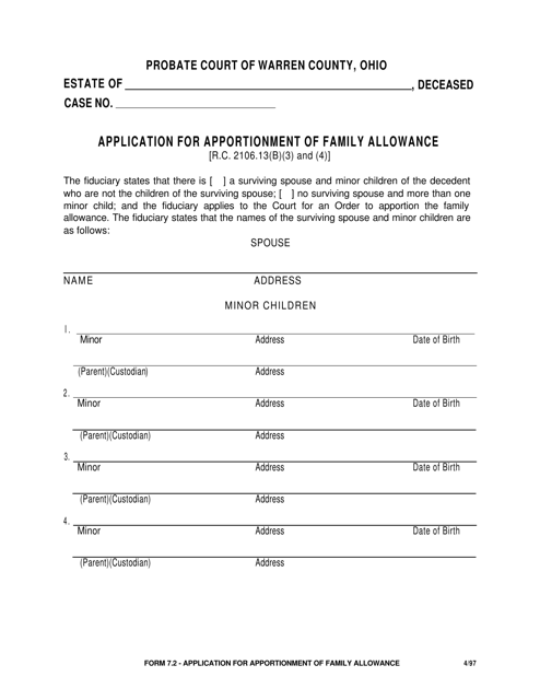 Form 7.2 Application for Apportionment of Family Allowance - Warren County, Ohio