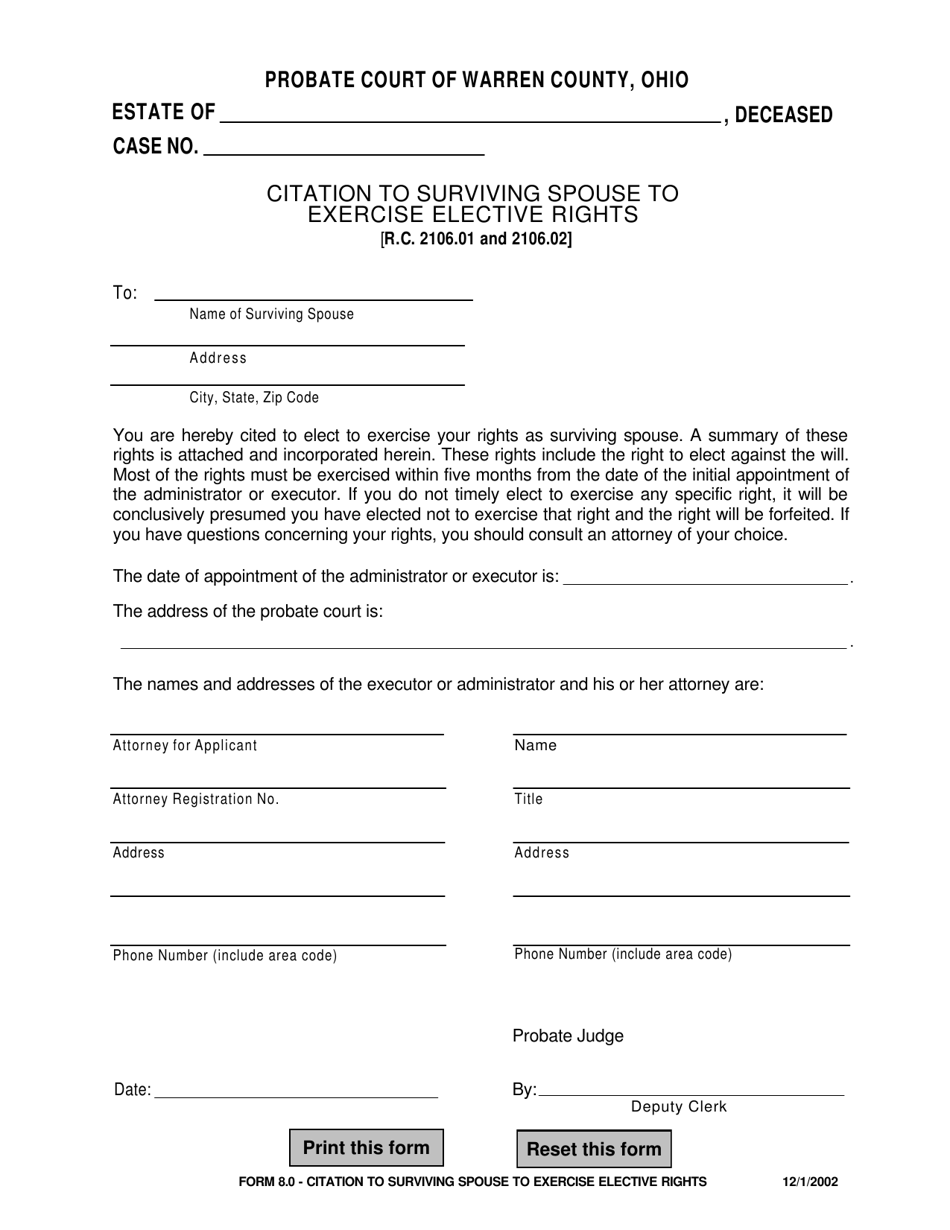Form 8.0 Citation to Surviving Spouse to Exercise Elective Rights - Warren County, Ohio, Page 1