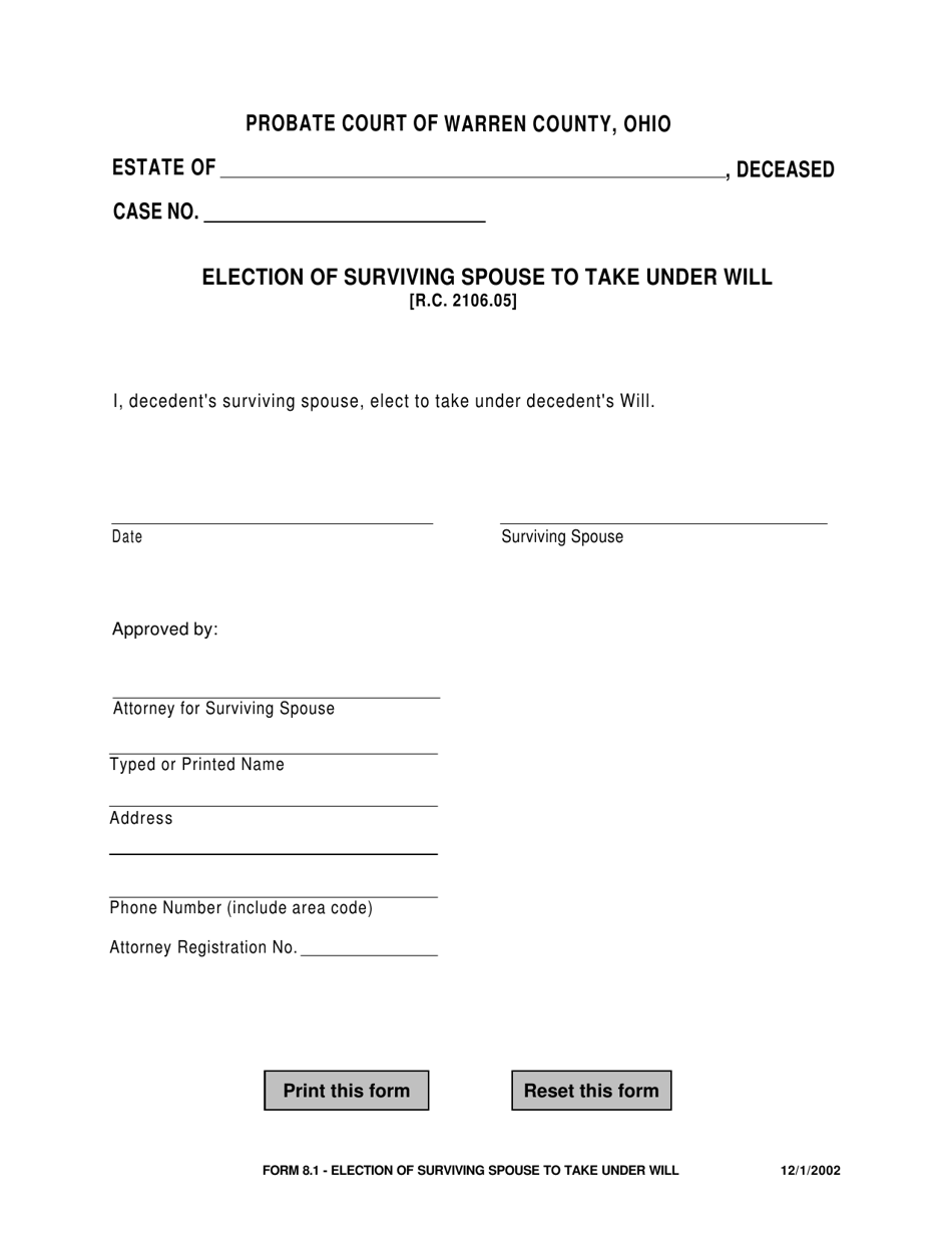 Form 8.1 Election of Surviving Spouse to Take Under Will - Warren County, Ohio, Page 1