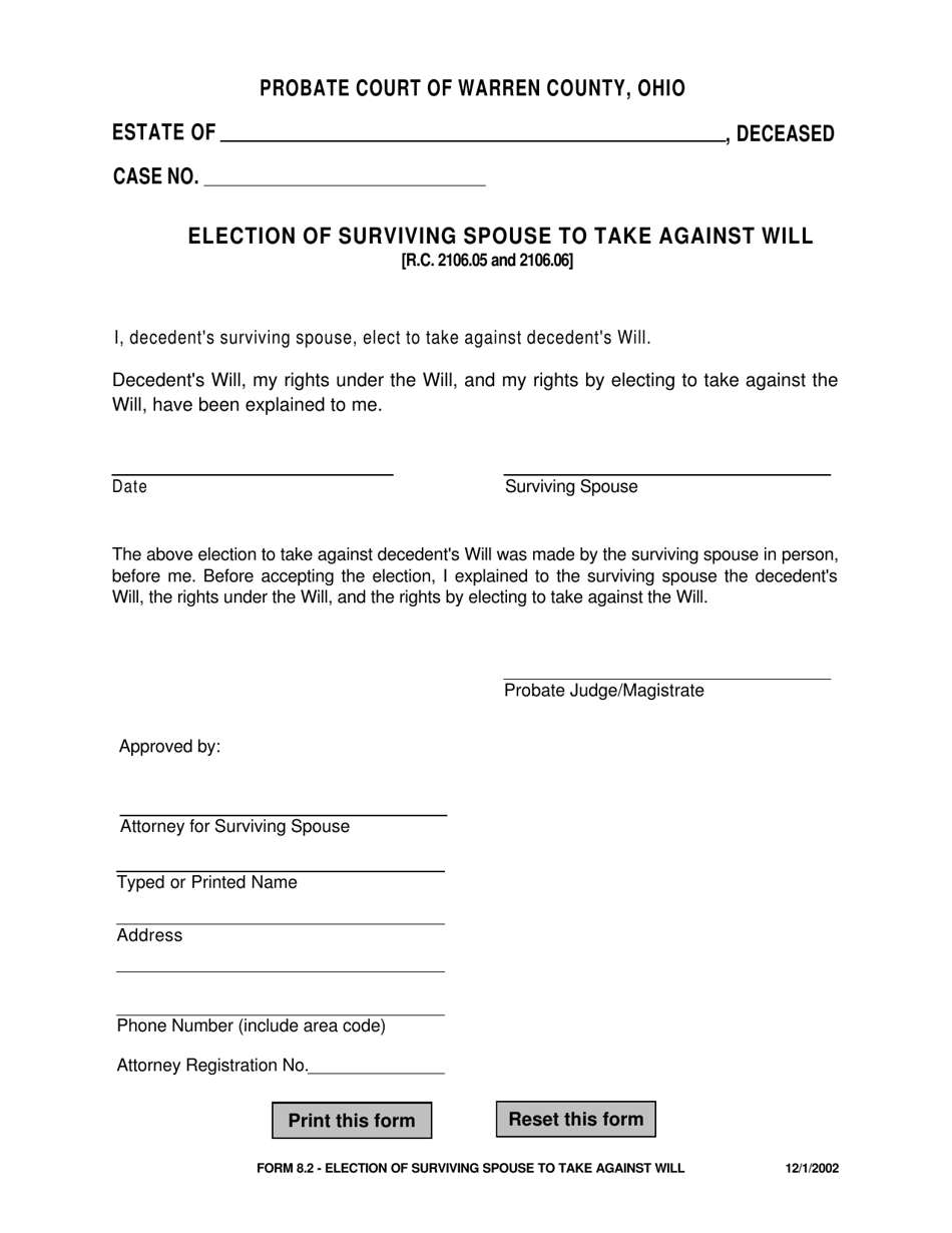 Form 8.2 Election of Surviving Spouse to Take Against Will - Warren County, Ohio, Page 1