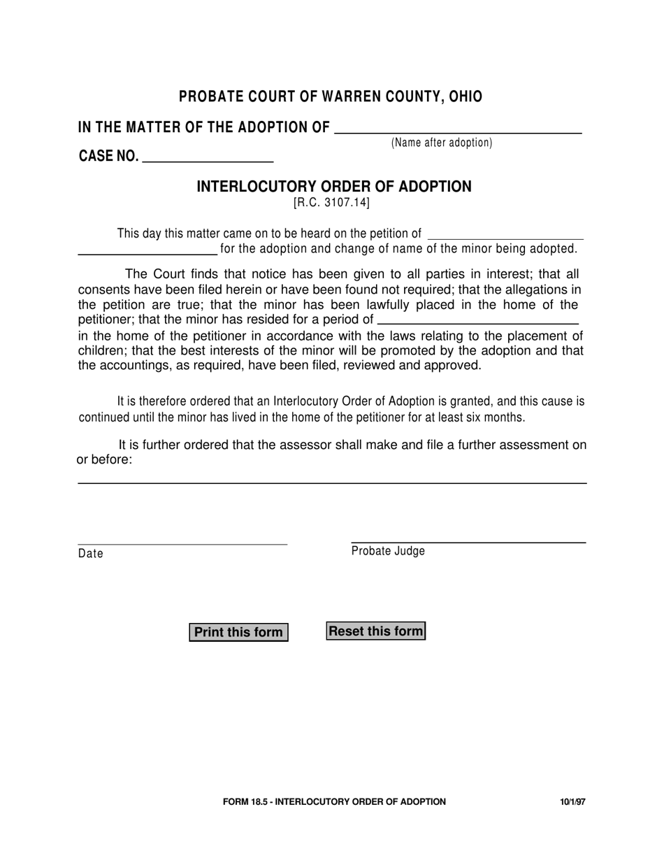 Form 18.5 Interlocutory Order of Adoption - Warren County, Ohio, Page 1