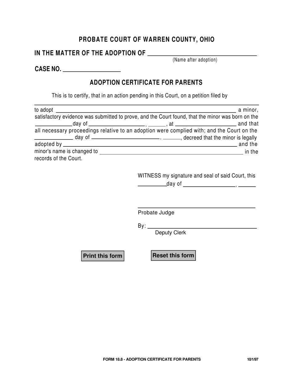 Form 18.8 Adoption Certificate for Parents - Warren County, Ohio, Page 1