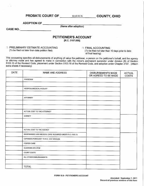 Form 18.9 Petitioner's Account - Warren County, Ohio