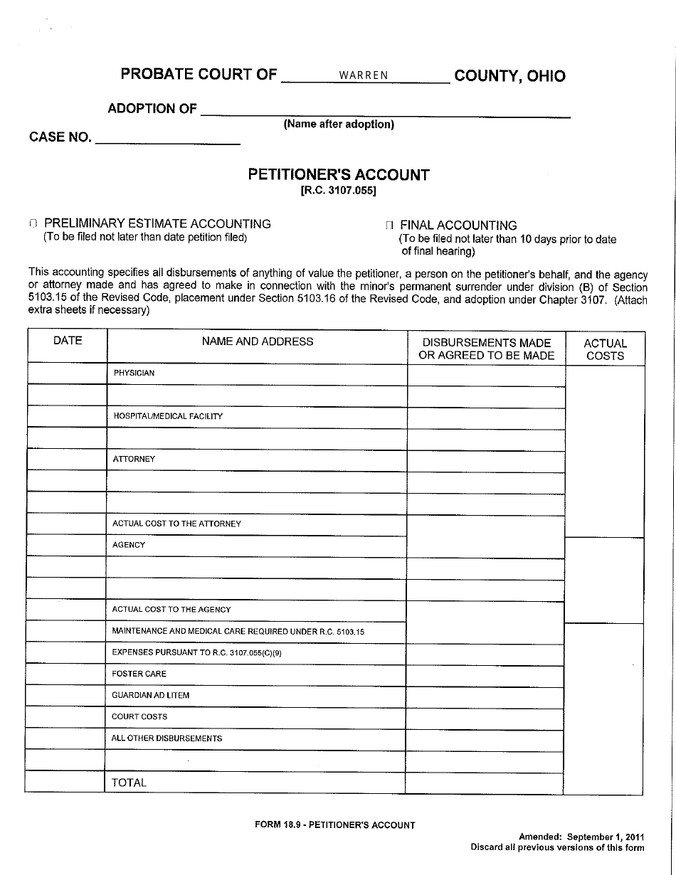 Form 18.9 Petitioners Account - Warren County, Ohio, Page 1