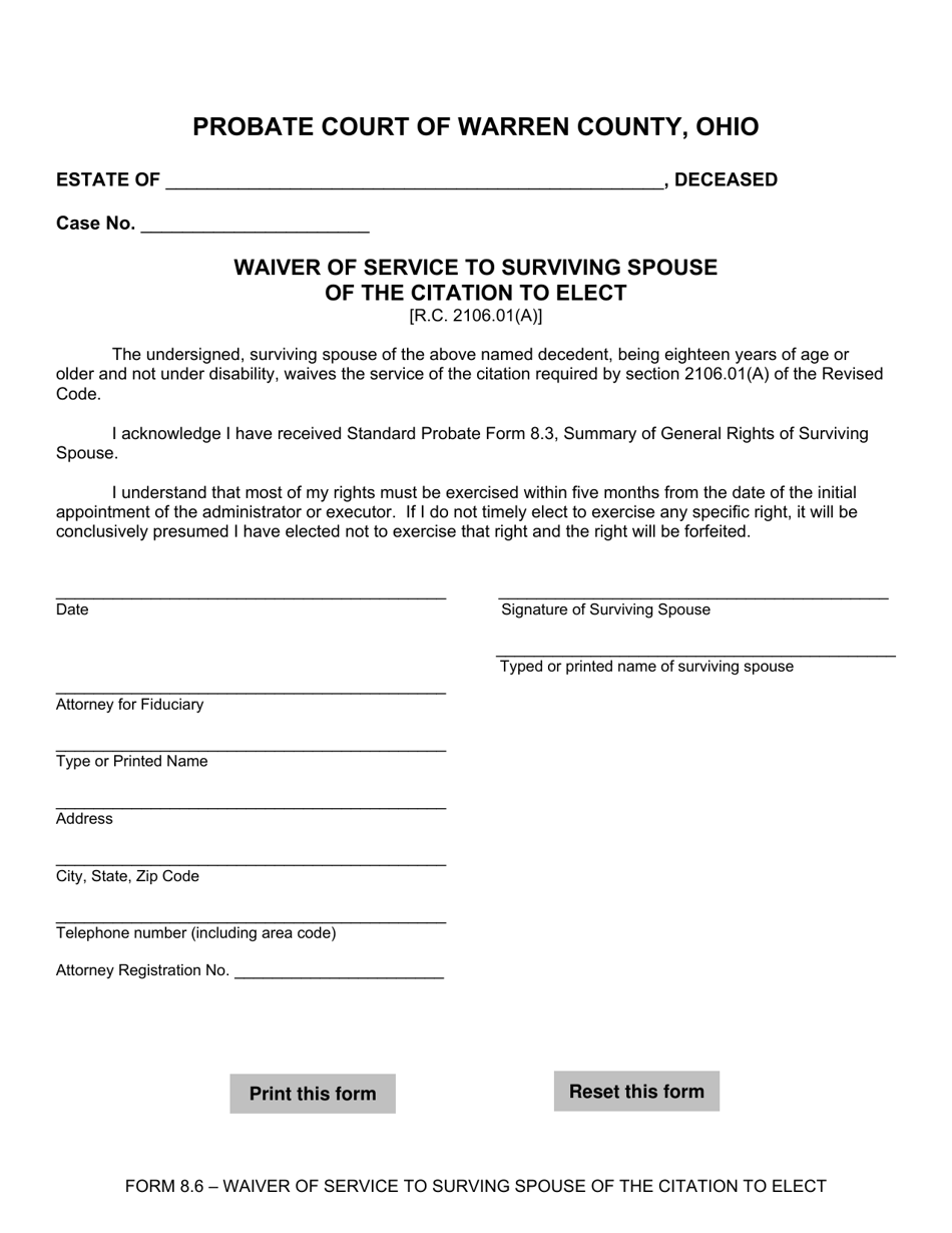Form 8.6 Waiver of Service to Surviving Spouse of the Citation to Elect - Warren County, Ohio, Page 1