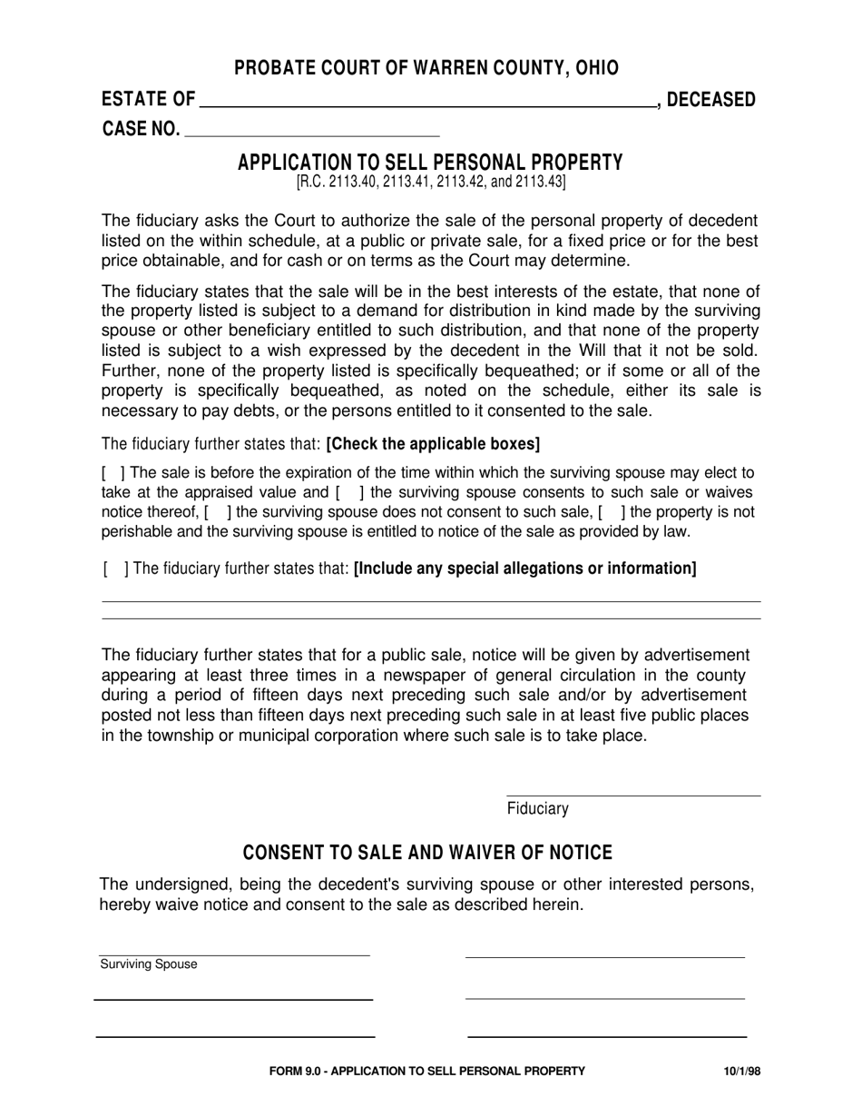 Form 9.0 Application to Sell Personal Property - Warren County, Ohio, Page 1