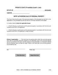 Document preview: Form 9.1 Entry Authorizing Sale of Personal Property - Warren County, Ohio
