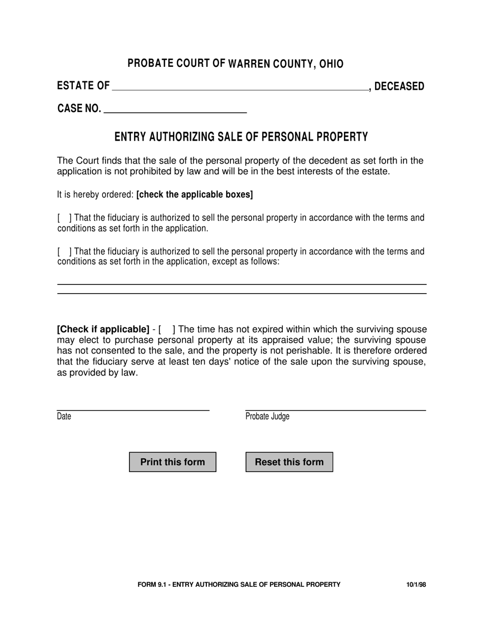 Form 9.1 Entry Authorizing Sale of Personal Property - Warren County, Ohio, Page 1