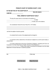 Document preview: Form 19.1 Final Order of Adoption of Adult - Warren County, Ohio