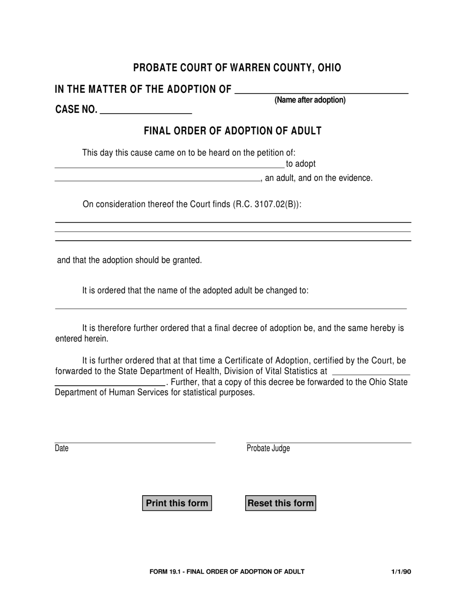 Form 19.1 Final Order of Adoption of Adult - Warren County, Ohio, Page 1