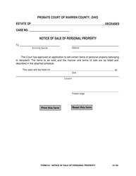 Document preview: Form 9.2 Notice of Sale of Personal Property - Warren County, Ohio