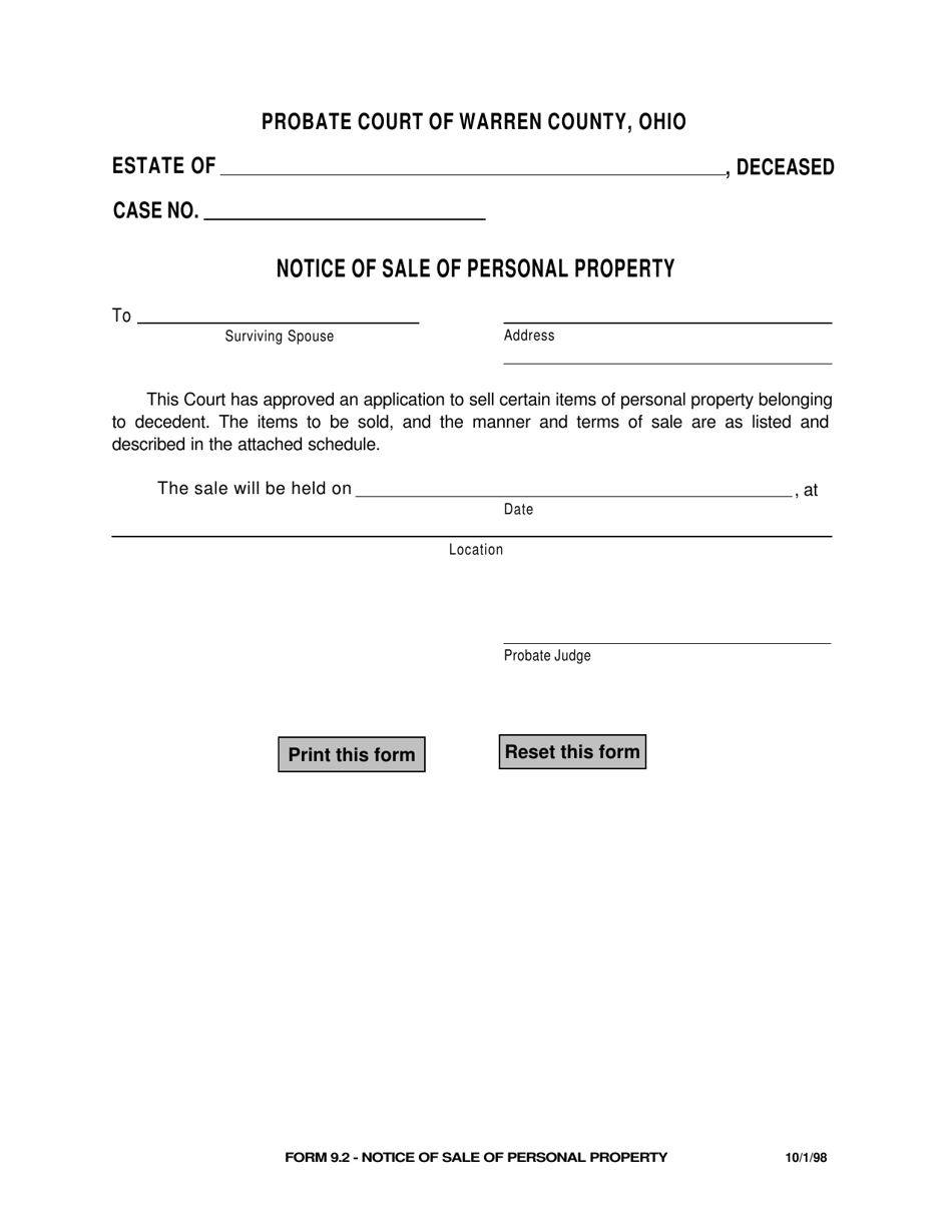 Form 9.2 Notice of Sale of Personal Property - Warren County, Ohio, Page 1