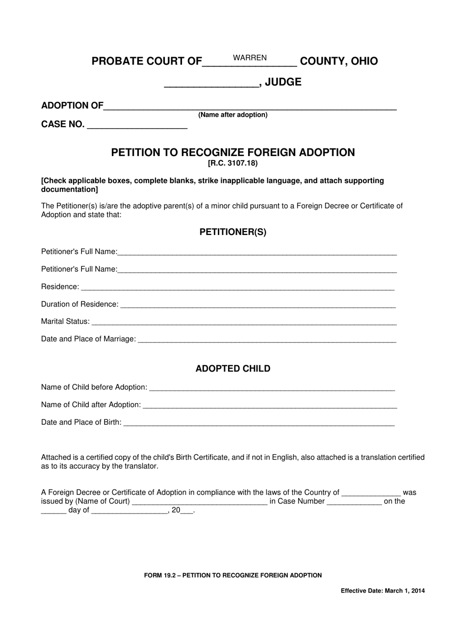 Form 19.2 Petition to Recognize Foreign Adoption - Warren County, Ohio, Page 1