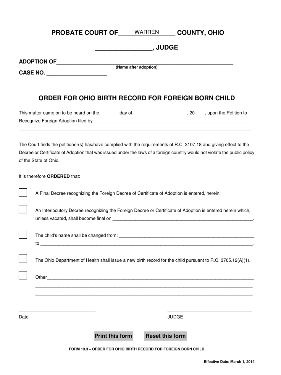 Form 19.3 Order for Ohio Birth Record for Foreign Born Child - Warren County, Ohio, Page 1