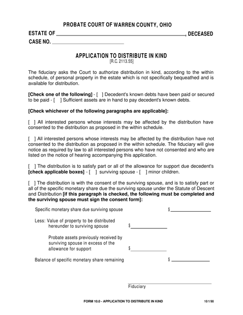 Form 10.0 Application to Distribute in Kind - Warren County, Ohio
