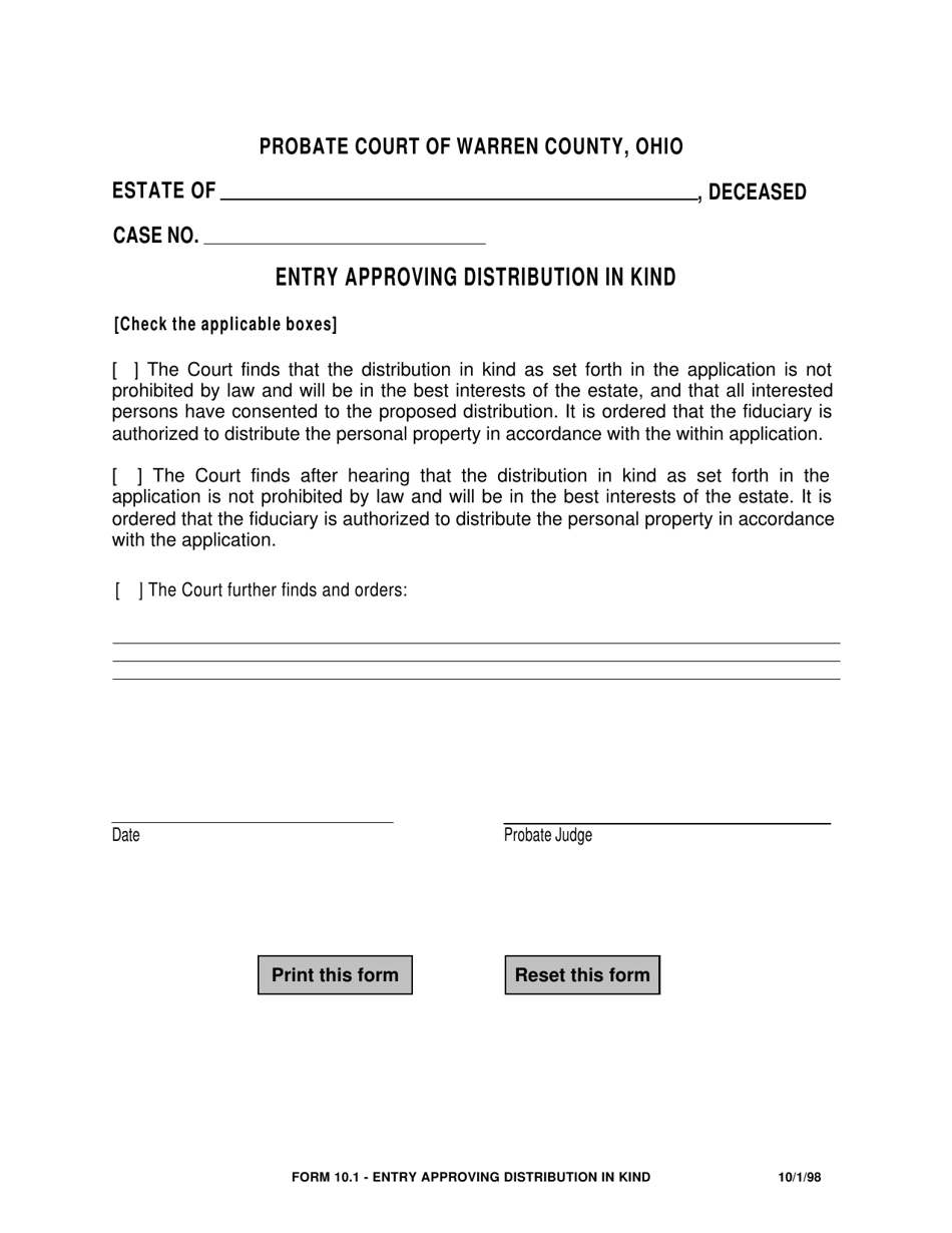 Form 10.1 Entry Approving Distribution in Kind - Warren County, Ohio, Page 1