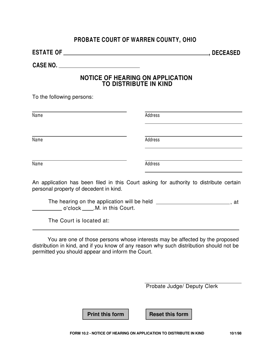 Form 10.2 Notice of Hearing on Application to Distribute in Kind - Warren County, Ohio, Page 1