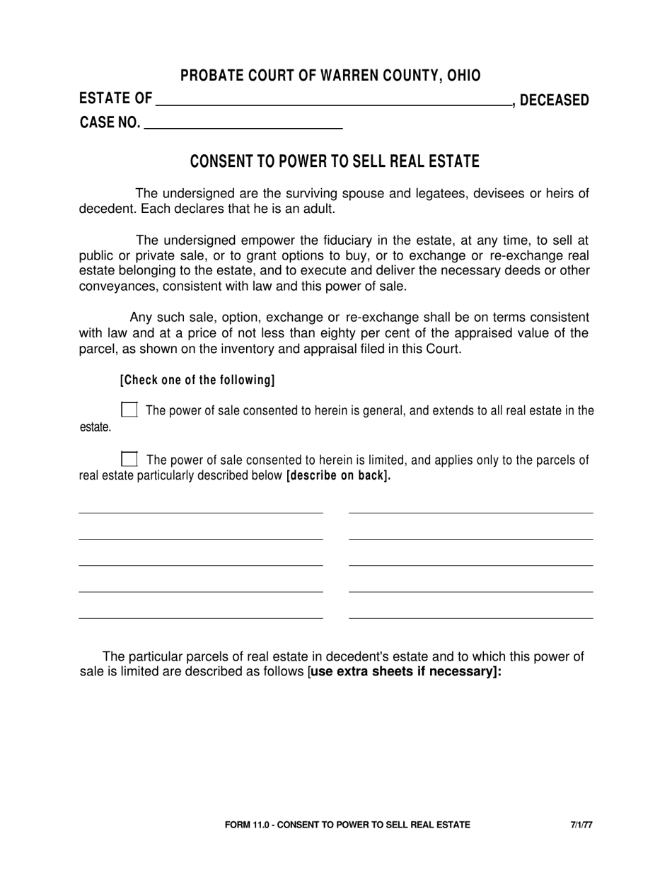 Form 11.0 Consent to Power to Sell Real Estate - Warren County, Ohio, Page 1