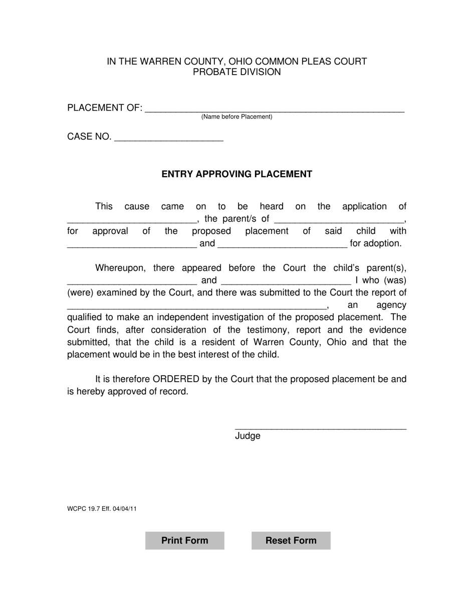 WCPC Form 19.7 Entry Approving Placement - Warren County, Ohio, Page 1