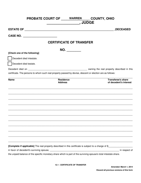 Form 12.1 Certificate of Transfer - Warren County, Ohio