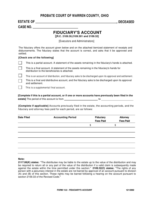 Form 13.0 Fiduciary's Account - Warren County, Ohio