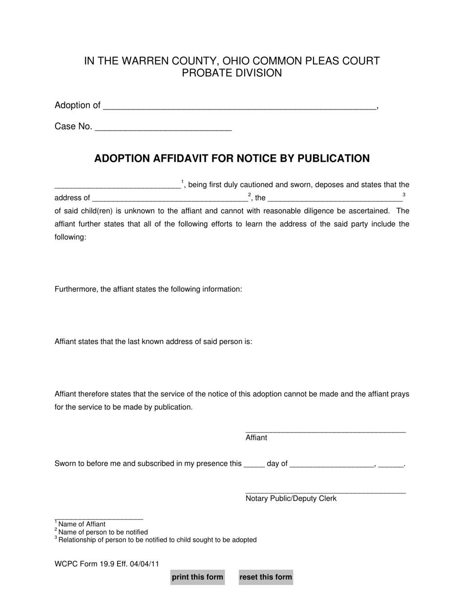 WCPC Form 19.9 Adoption Affidavit for Notice by Publication - Warren County, Ohio, Page 1