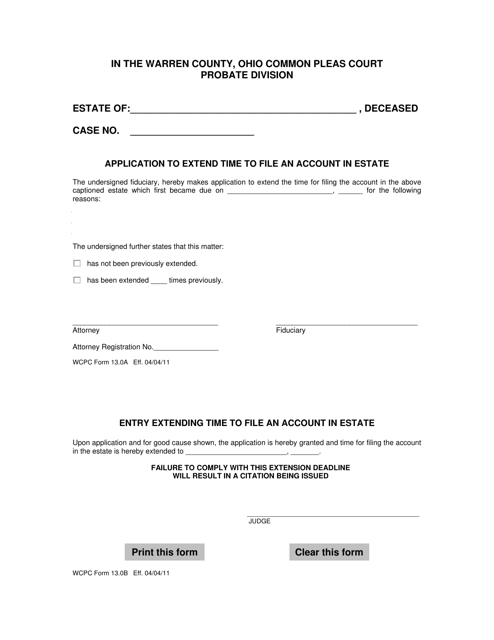 WCPC Form 13.0B Application to Extend Time to File an Account in Estate - Warren County, Ohio