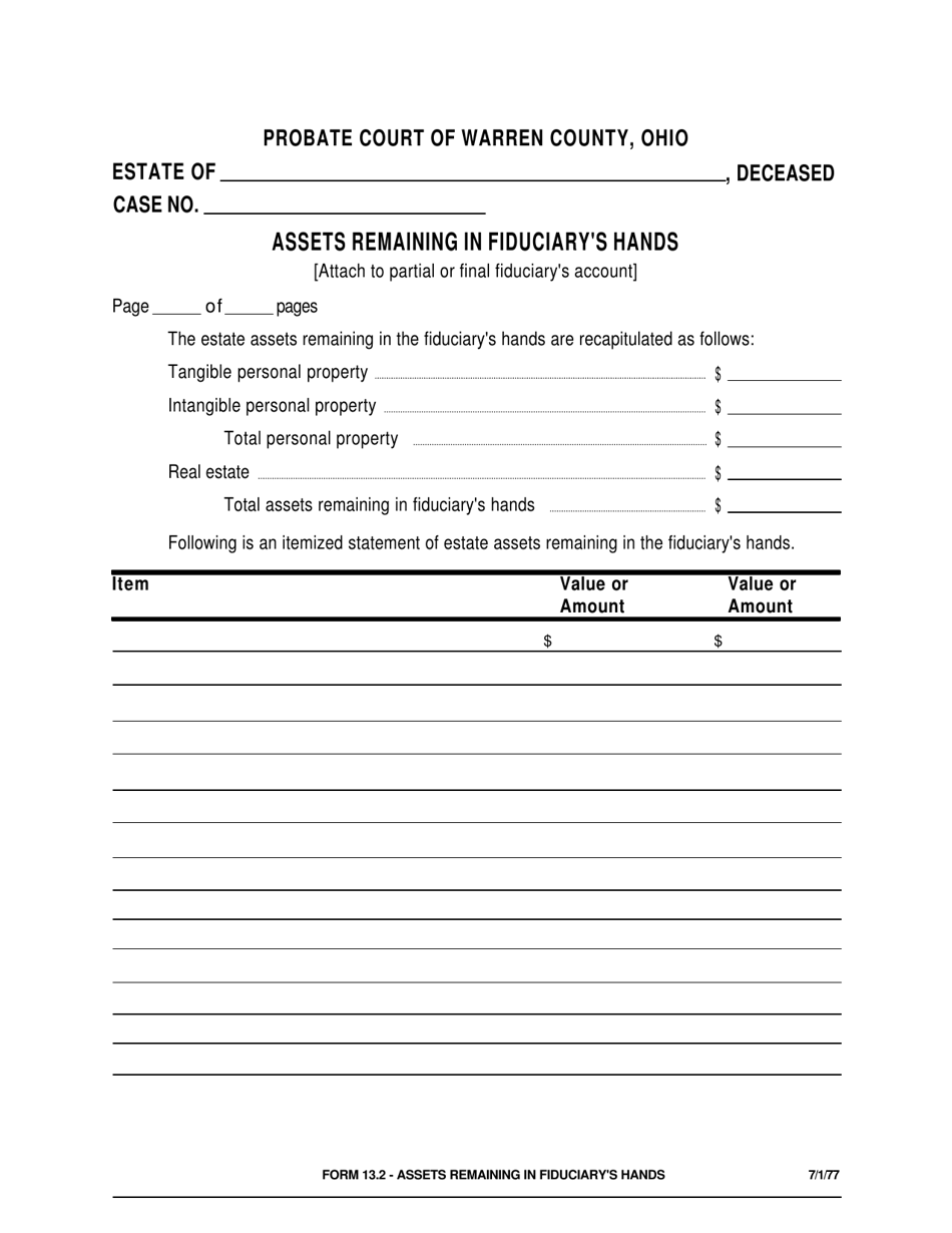 Form 13.2 Assets Remaining in Fiduciarys Hands - Warren County, Ohio, Page 1