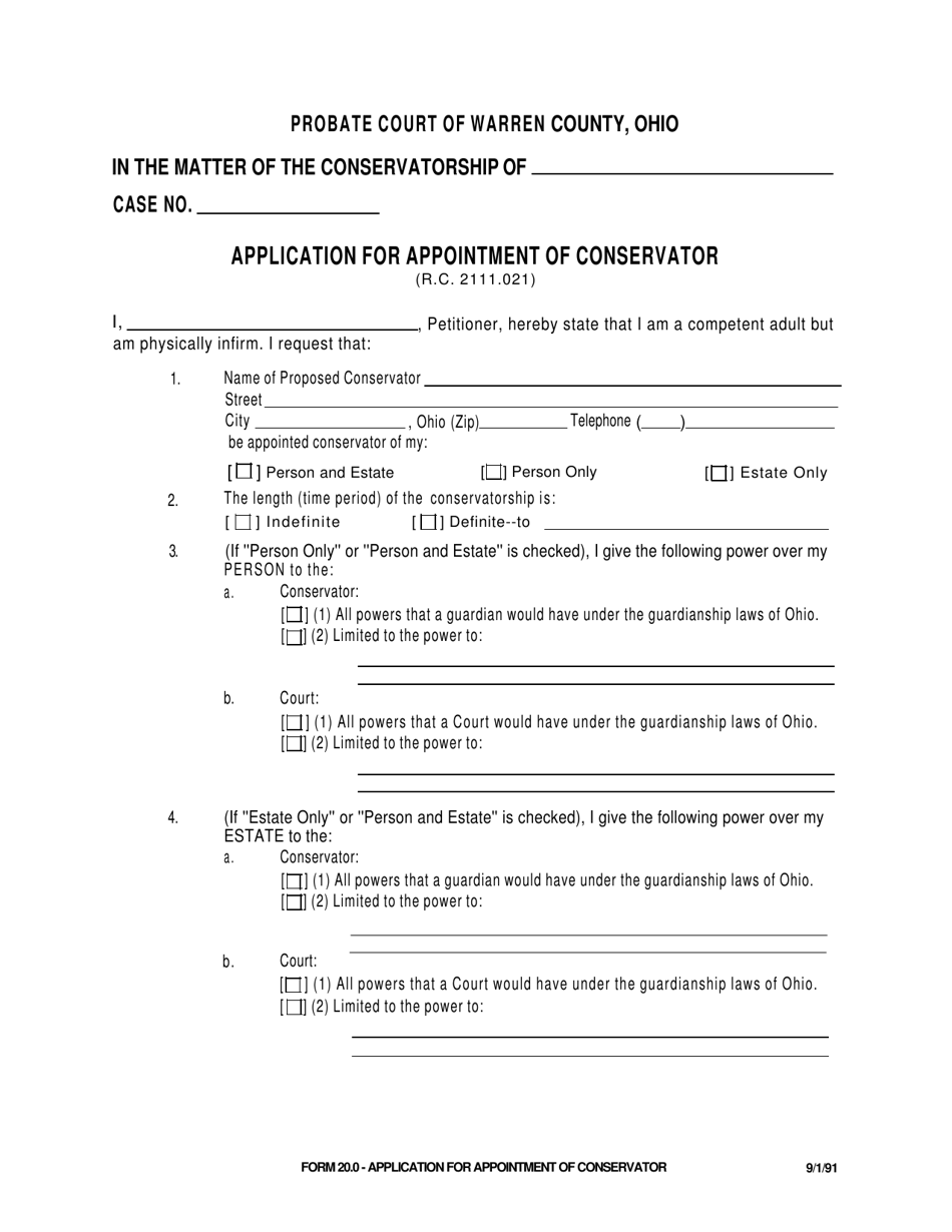 Form 20.0 Application for Appointment of Conservator - Warren County, Ohio, Page 1