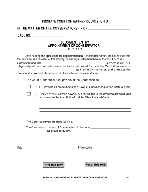 Form 20.1 Judgment Entry Appointment of Conservator - Warren County, Ohio