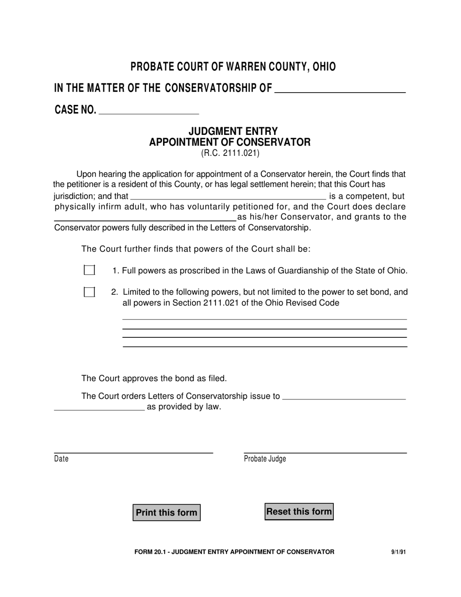 Form 20.1 Judgment Entry Appointment of Conservator - Warren County, Ohio, Page 1
