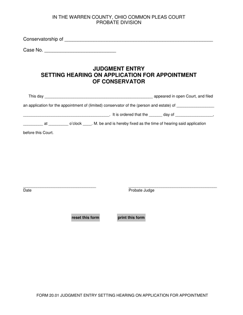 Form 20.01 Judgment Entry Setting Hearing on Application for Appointment of Conservator - Warren County, Ohio