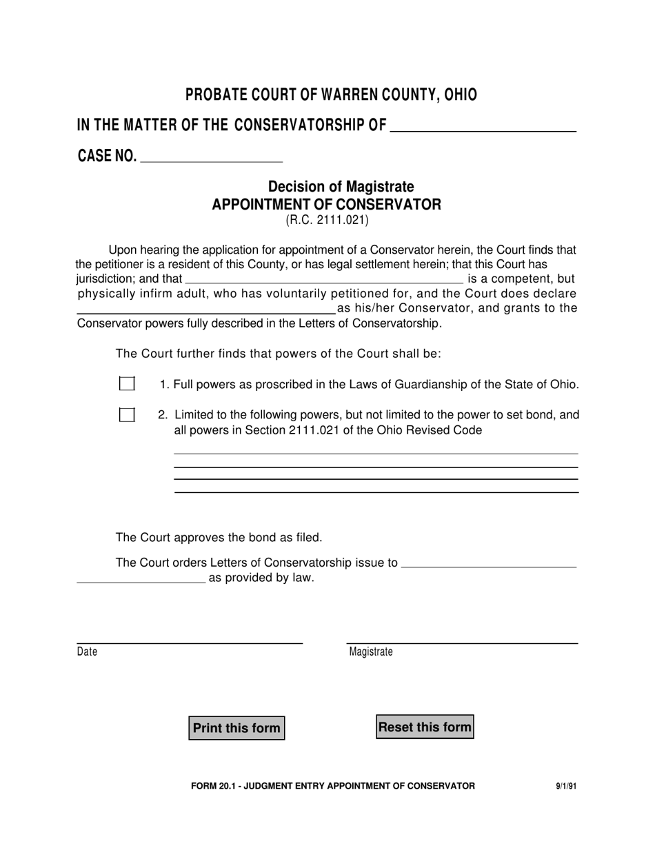 Form 20.1B Decision of Magistrate Appointment of Conservator - Warren County, Ohio, Page 1