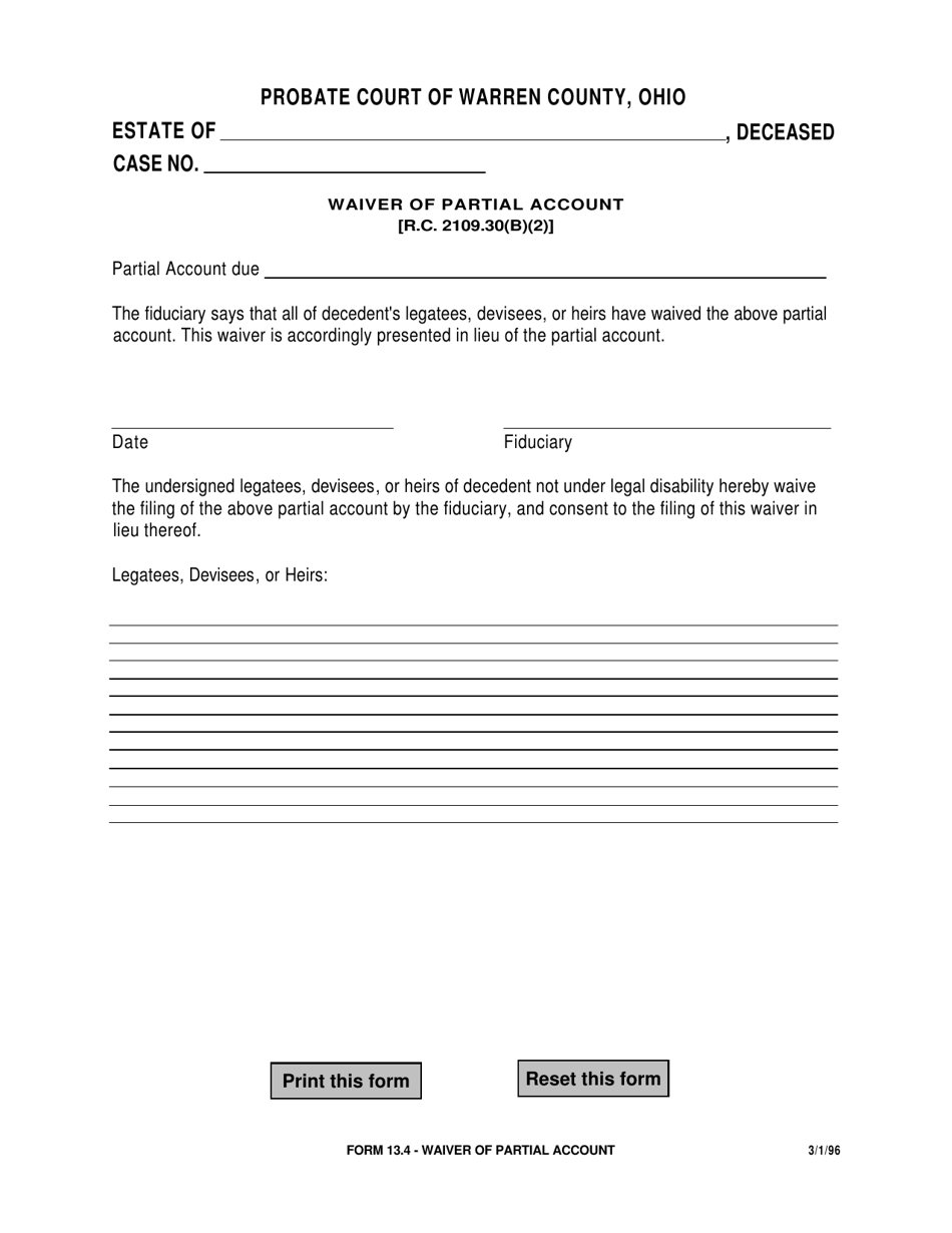 Form 13.4 Waiver of Partial Account - Warren County, Ohio, Page 1