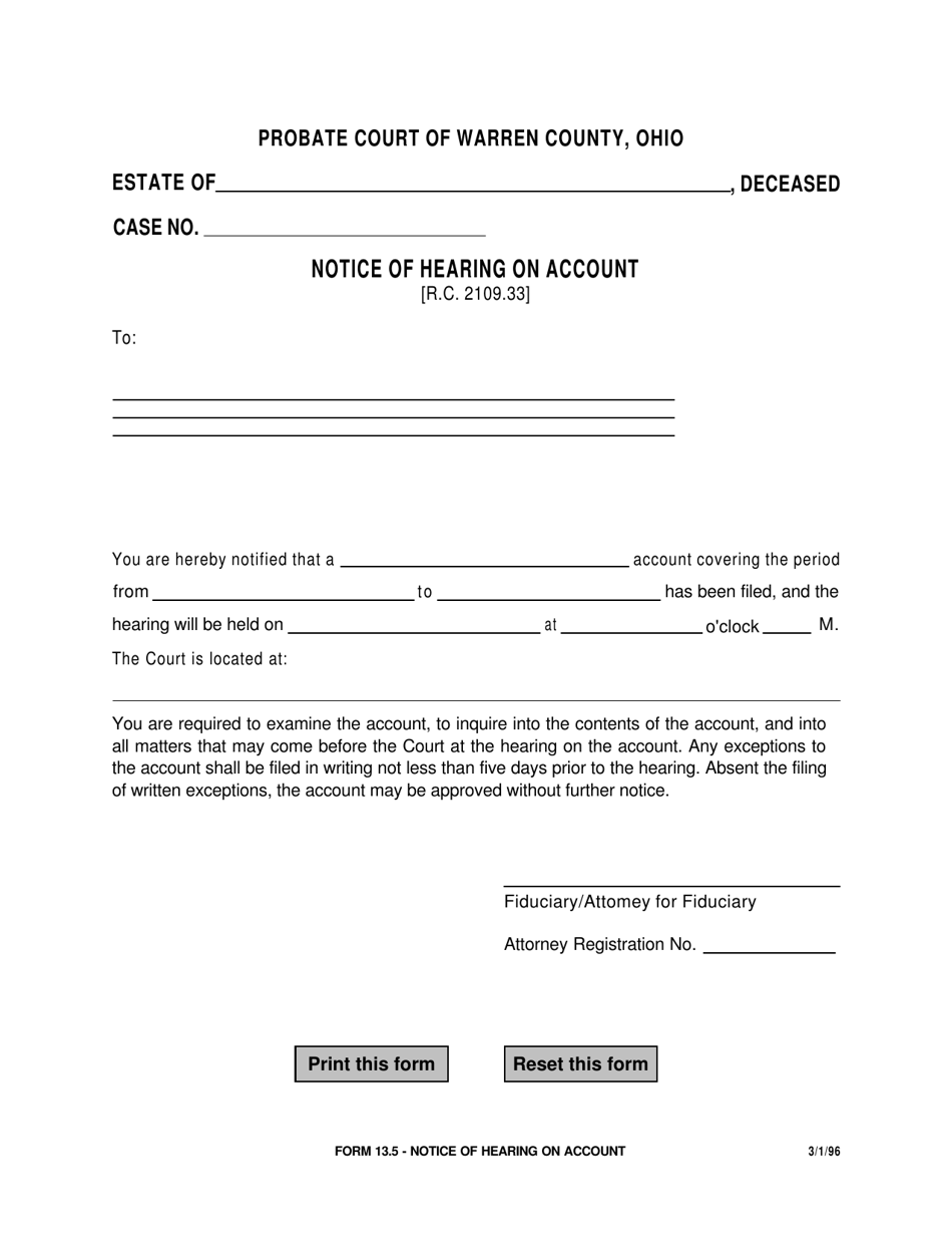 Form 13.5 Notice of Hearing on Account - Warren County, Ohio, Page 1