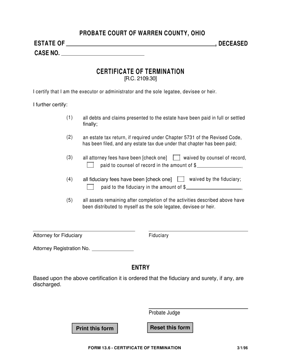 Form 13.6 Certificate of Termination - Warren County, Ohio, Page 1