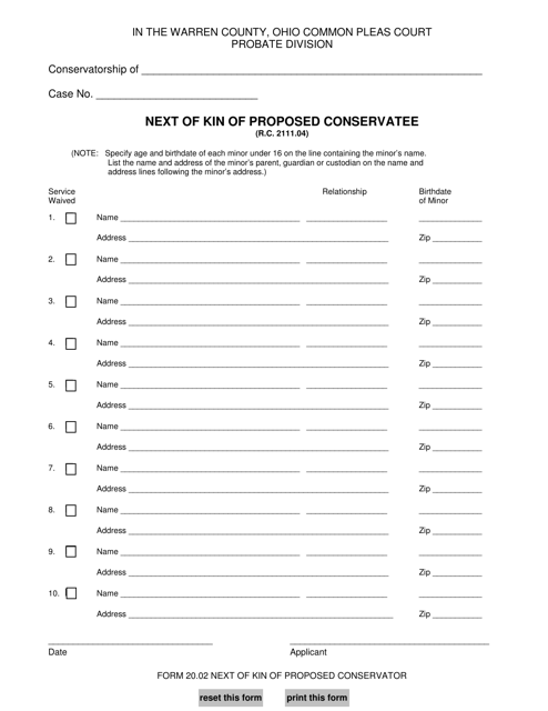 Form 20.02 Next of Kin of Proposed Conservatee - Warren County, Ohio
