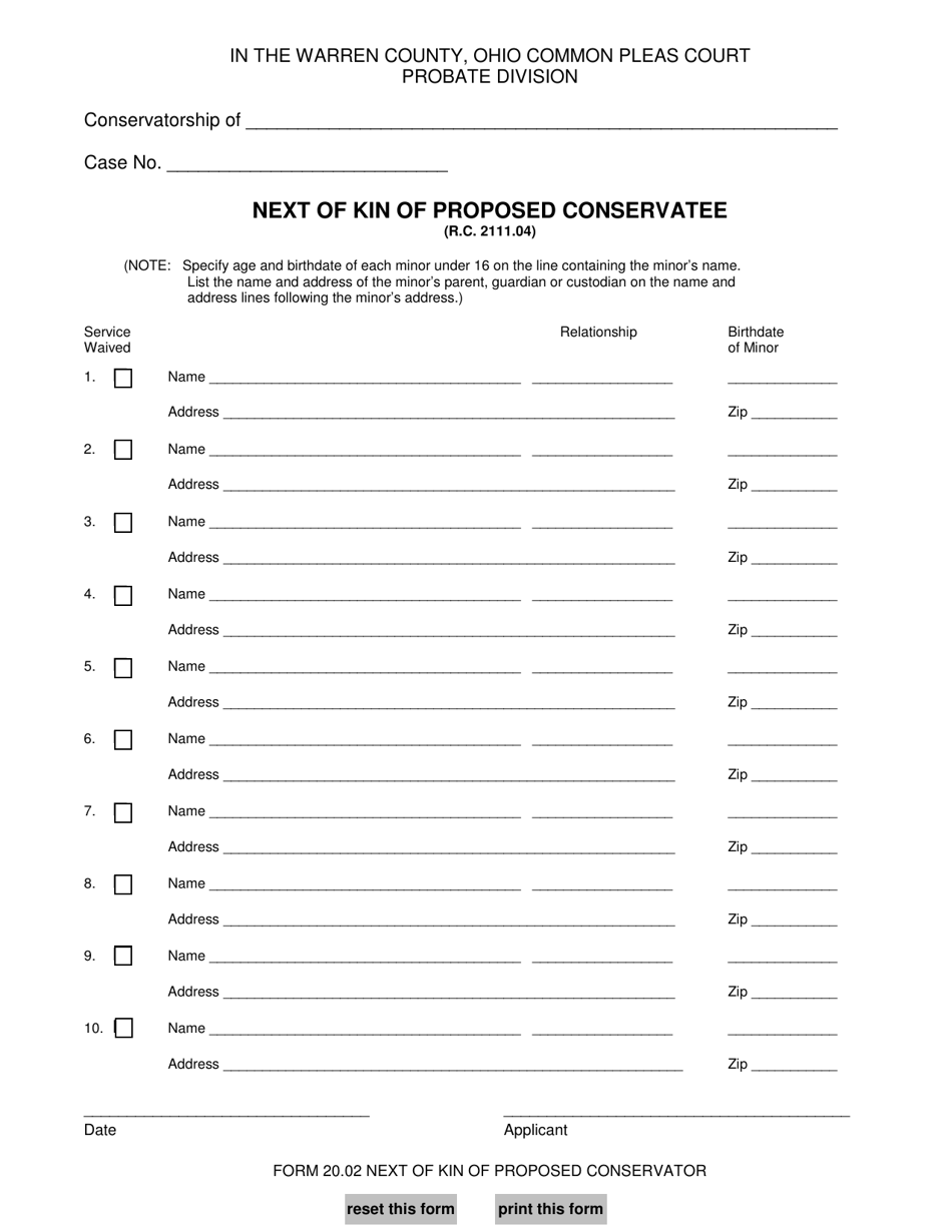 Form 20.02 Next of Kin of Proposed Conservatee - Warren County, Ohio, Page 1