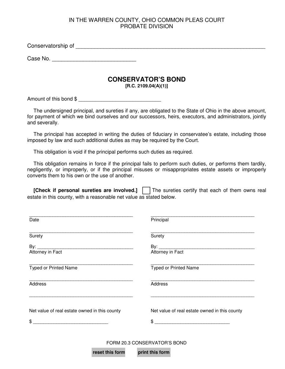 Form 20.3 Conservators Bond - Warren County, Ohio, Page 1
