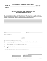 Document preview: Form 13.8 Application to Extend Administration - Warren County, Ohio