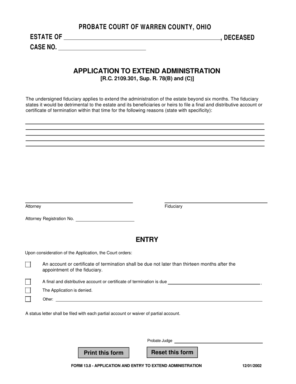 Form 13.8 Application to Extend Administration - Warren County, Ohio, Page 1