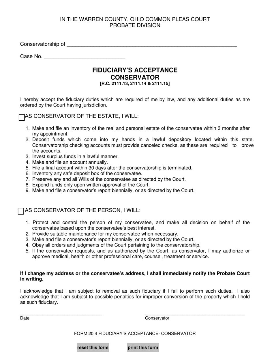 Form 20.4 Fiduciarys Acceptance Conservator - Warren County, Ohio, Page 1