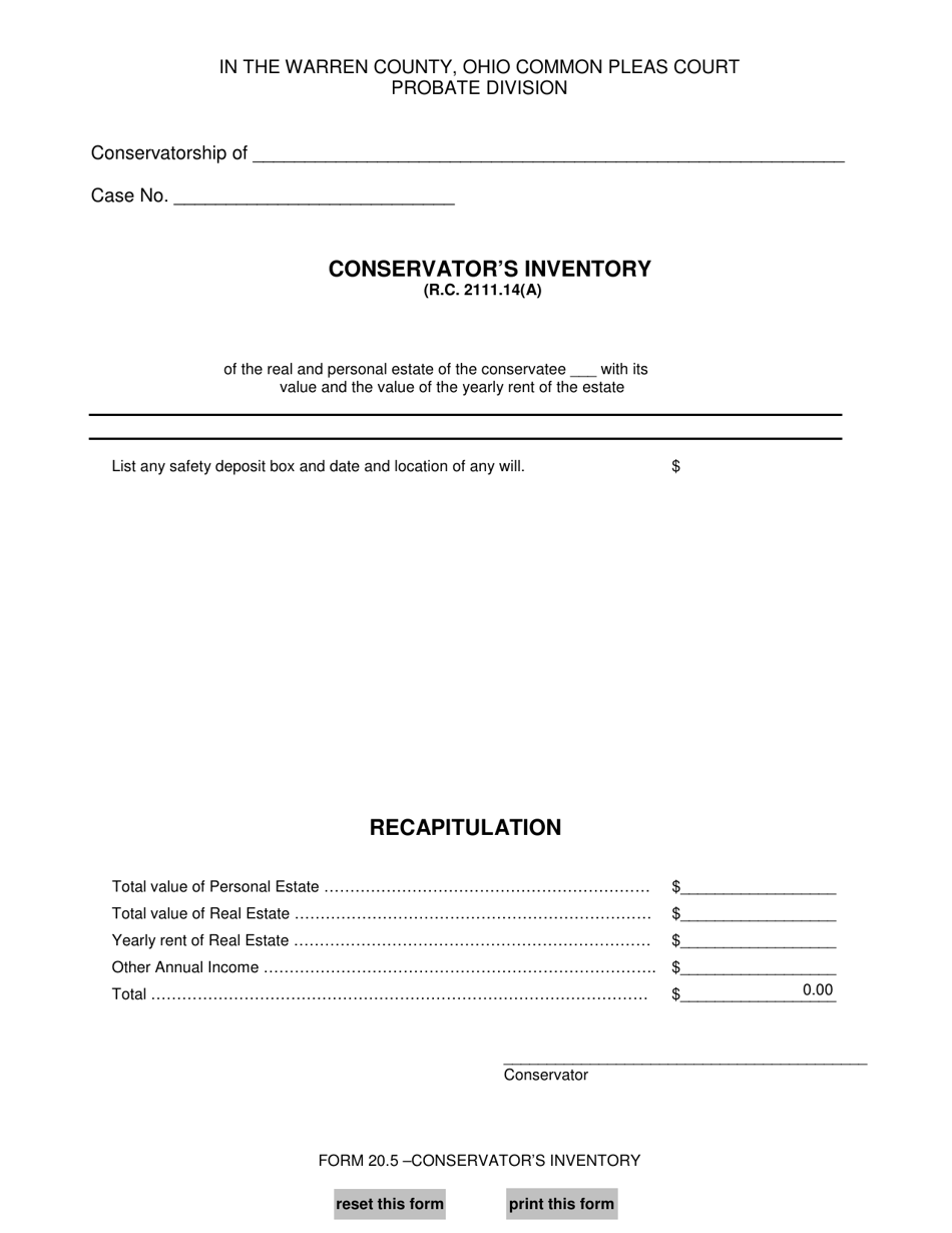 Form 20.5 Conservators Inventory - Warren County, Ohio, Page 1