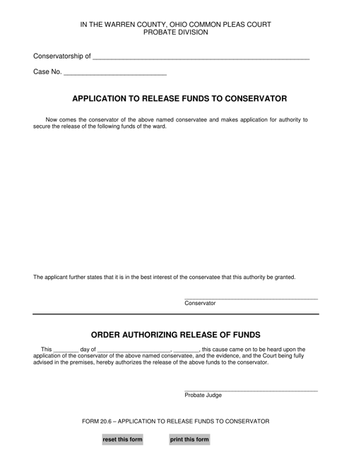 Form 20.6 Application to Release Funds to Conservator - Warren County, Ohio
