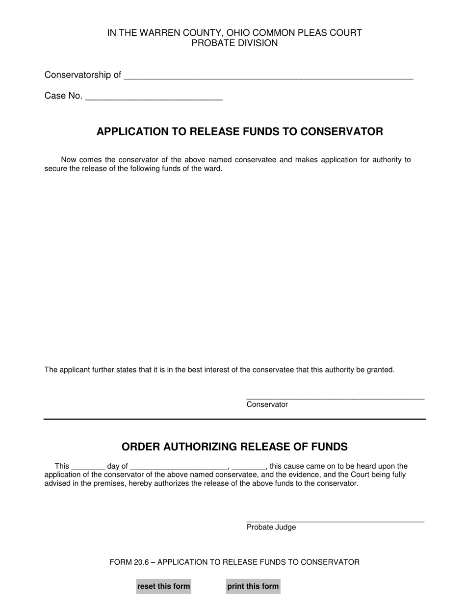 Form 20.6 Application to Release Funds to Conservator - Warren County, Ohio, Page 1