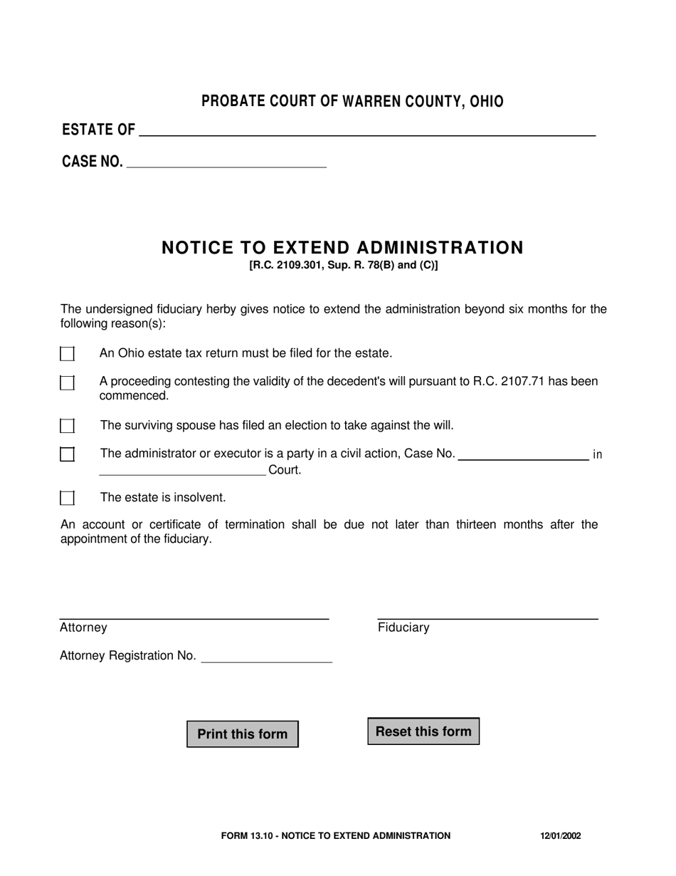 Form 13.10 Notice to Extend Administration - Warren County, Ohio, Page 1